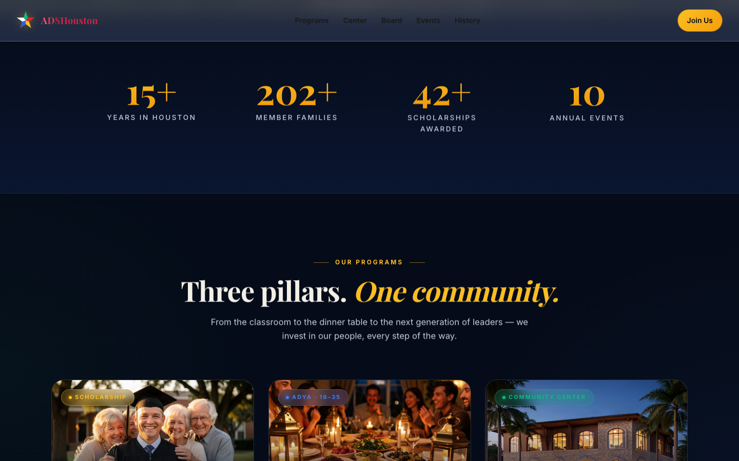 ADS Houston programs page with stats and pillars