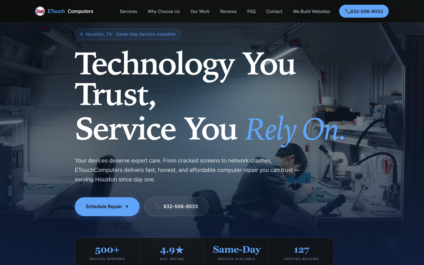 Etouch Computers homepage hero with stats