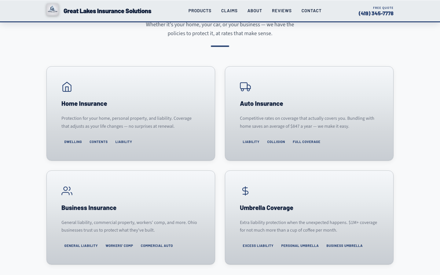 Great Lakes Insurance product cards