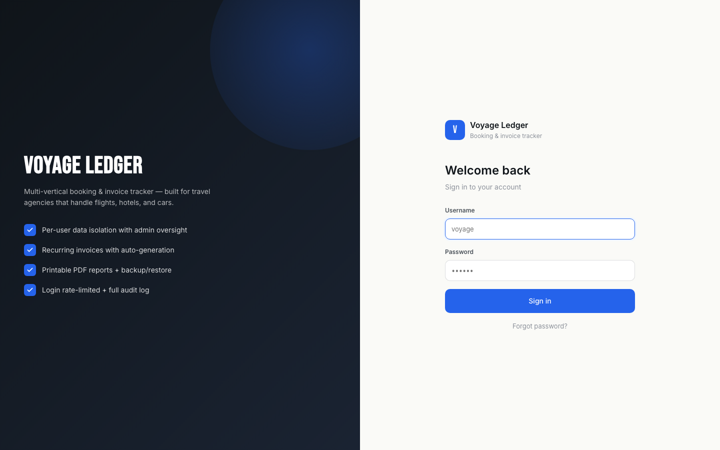 Voyage Ledger sign-in page